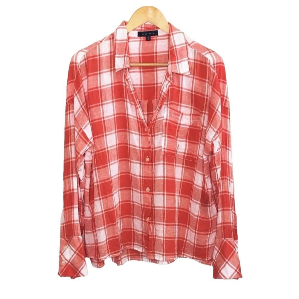 SOLD Sanctuary Plaid Boyfriend Linen Button Front Shirt Size Medium - Picture 1 of 9